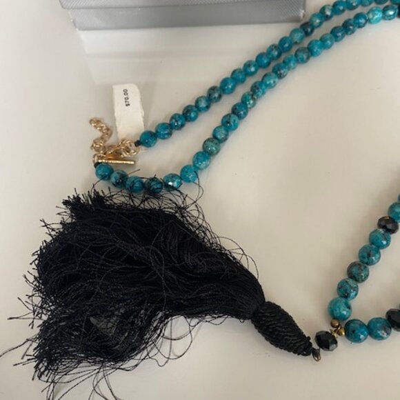 Neiman Marcus 32" Long Beaded Turquoise and Jet Necklace w 5" Tassel, Extender - Picture 2 of 9